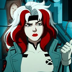 an animated character with red hair and white makeup