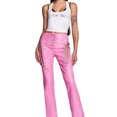 I.Am.Gia Xenia Pants Size Small Pink Faux Leather Pants Featuring Lace-Up Detail At The Front Of The Pant On The Upper Thigh Of Both Legs And At The Center Front. -Belt Loops Around The Waist -Button Fly Closure With True Lace Up Ties -Full Length And Straight Leg Pant Style -Bodycon Fit To The Knee That Flares Out At Leg Opening Fabric Coating:100% Polyurethane Backing:100% Polyester Waist:26 Hips:30 Length:43 Elegant Pant, Straight Leg Pant, I Am Gia, Pant Style, Faux Leather Pants, Crop Top Blouse, Cutout Dress, Pants Straight, Dress Suits