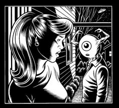 a black and white drawing of a woman looking at an eyeball in the mirror