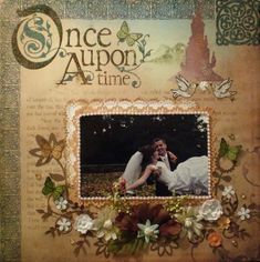 a scrapbook with an image of a bride and groom on the cover, surrounded by flowers