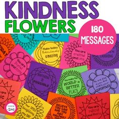 a book cover with colorful flowers and words on the front, surrounded by stickers