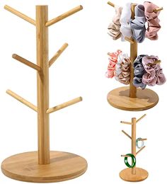 there are three wooden racks with scarves on them