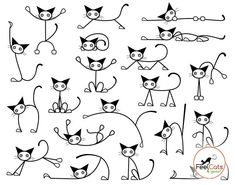 black and white drawing of cats with different poses