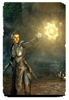 an image of a woman in armor holding a glowing orb with her hand and looking at the camera