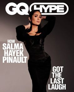 a woman in a black dress is featured on the cover of go type magazine, which features salma hayek pinaut