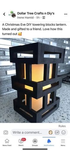 an image of a lamp made out of wood and lights up the side of it