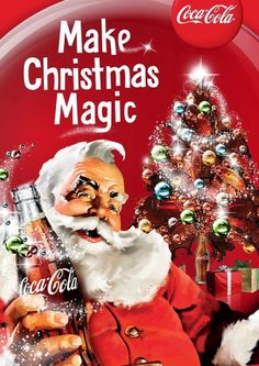 a coca - cola advertisement featuring santa claus holding a bottle of coke, with a christmas tree in the background