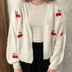 This Is A Lightweight Transitional Cardigan. It's Adorable And A Perfect Extra Layer For Tees And Tanks! Embroidered Cherry Open Cardigan Cute White V-neck Outerwear, Cute White Crew Neck Cardigan, White Embroidered Crew Neck Outerwear, White Embroidered V-neck Cardigan, Embroidered White Cardigan For Winter, Casual V-neck Embroidered Sweater, Cute Red Spring Cardigan, Casual Red Embroidered Sweater, Red Casual Spring Cardigan