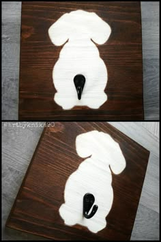 two pictures of a dog made out of wood with white paint on the top and bottom