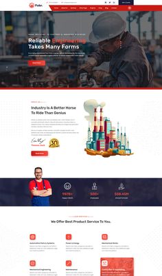 the website design for an industrial company is shown in red, white and blue colors