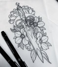 a pencil drawing of flowers and a knife with swirls in the middle on paper