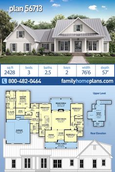 two story house plan with 3 bedroom and 2 bathrooms on the first floor, an attached garage