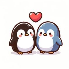 two penguins are standing next to each other with a heart on the top of their heads