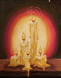 a painting of a lit candle in front of an orange and yellow background with circles