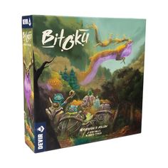 the board game bitoku is on display in front of a white background with an image of a dragon flying over it