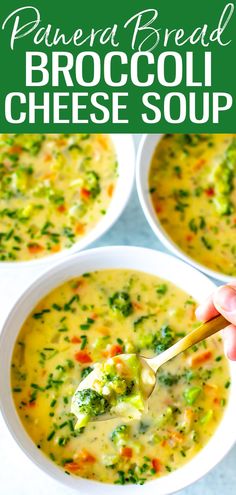 broccoli cheese soup in white bowls with a spoon