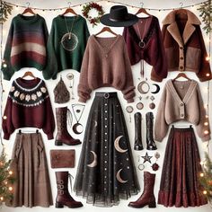 Cold Weather Witchy Outfits, Winter Solstice Outfit Party, Grunge Fashion Board, 2013 Casual Outfits, Witchy Maxi Skirt Outfit, Cozy Stylish Outfits, Cold Weather Clothes Women, Christmas Witch Outfit, Christmas Alt Outfits