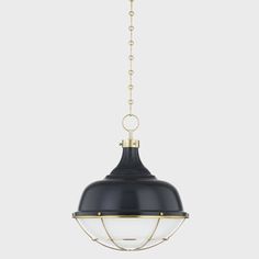 a black and gold hanging light fixture with chain on the end, against a white background