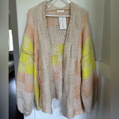 Nwt. Gorgeous Neutral Cardigan With Pops Of Neon Yellow Knitted Cardigan For Spring, Spring Yellow Knitted Cardigan, Yellow Soft Knit Sweater For Spring, Spring Yellow Soft Knit Sweater, Yellow Knitted Outerwear For Spring, Casual Yellow Knit Cardigan, Yellow Knit Outerwear For Spring, Oversized Yellow Knit Cardigan, Oversized Yellow Winter Cardigan