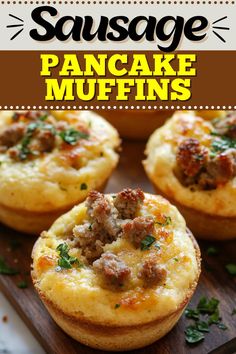 sausage and pancake muffins on a cutting board with the title above it