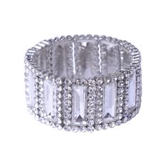 Rhodium Crystal Circles around a Crystal Baguette Shape Stretch Bracelet Glamorous Silver Crystal Bracelets, Rectangular Silver Glamorous Jewelry, Glamorous Silver Metal Bracelets, Glamorous Silver Crystal Bracelet, Glamorous Silver Rectangular Jewelry, Silver Rectangular Jewelry With Rhinestones, Rectangular Silver Rhinestone Jewelry, Rectangular Silver Jewelry With Rhinestones, Stretch Bracelet