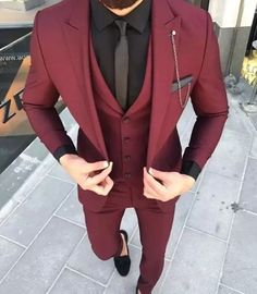 Three-Piece Custom Burgundy Suit for Men - Elegant Wedding & Engagement Attire | eBay Maroon Red Suit Men, Wedding Tux Burgundy, Red Suits For Men Wedding, Maroon Mens Suit Wedding, Dark Wedding Suits For Men, Red And Black Wedding Suits Men, Black Mens Wedding Suits, Burgundy Suit For Groom, White And Burgundy Groom Suit