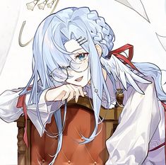 an anime character with blue hair sitting on top of a chair and looking at the camera