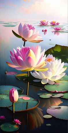 three pink water lilies floating on top of lily pads