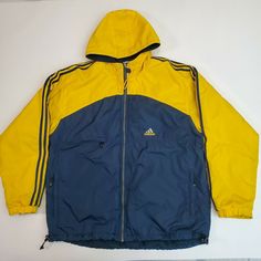 Vintage 90's Adidas Fleece Lined Embroidered Colorblock Jacket Size Large Nylon "Pre-owned" there is some scuffing to rear lower right back blue fabric and there is a small hole near edge stiching in same area, another scuff to mid left base now fabric, there are some stains on both arm cuffs yellow fabric and on left arm elbow area, smoke free, please refer to pictures for condition and issues, Shipped with USPS Priority Mail. Measurements: Armpit to Armpit: 25 in Length: 28 in (shoulder to bas Adidas Yellow Outerwear For Streetwear, Adidas Yellow Long Sleeve Outerwear, Adidas Nylon Windbreaker For Winter, 90s Nylon Outerwear With Pockets, Vintage Nylon Outerwear For Streetwear, 90s Hooded Patchwork Outerwear, 90s Patchwork Hooded Outerwear, Adidas Nylon Windbreaker For Fall, Adidas Nylon Long Sleeve Windbreaker