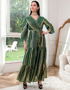 Gold Stamping Striped Chiffon Long Evening Party Gown Dress Party Gown Dress, Modest Evening Dress, Evening Party Gowns, Casual Shirt Women, Party Gown, American People, Hip Dress, Gown Dress, Party Gowns