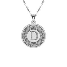 Explore the elegance of our Greek Key Disc Necklace featuring an Initial. Crafted in solid gold or sterling silver, this pendant seamlessly blends classic Greek design with personalized touch. The Greek key motif, symbolizing eternity and unity, encircles your chosen initial, creating a harmonious fusion of tradition and individuality. Its timeless design and meaningful engraving make it a versatile accessory, radiating your cultural pride and unique identity. Luxury Sterling Silver Initial Necklace With Monogram, Luxury Sterling Silver Monogram Initial Necklace, Luxury Engraved Initial Pendant Necklace, Classic White Gold Initial Necklace, Classic White Gold Monogram Initial Necklace, Luxury Personalized Silver Initial Necklace, Classic Round Pendant Initial Necklace For Anniversary, Luxury Silver Initial Necklace For Anniversary, Silver Luxury Initial Necklace With Monogram