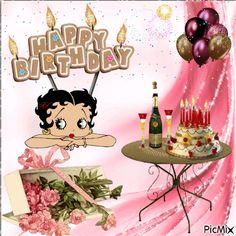 a birthday card with an image of a woman sitting at a table next to a cake