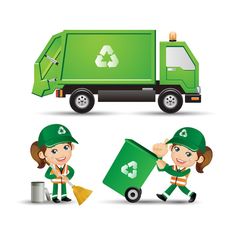 a woman in green clothes holding a trash can and a recycler next to a garbage truck