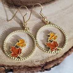 Absolutely Beautiful, One Of My Favorites This Fall That I Have Made! These Are Just Simple But So Pretty And High Quality, The Hooks I Used Are Real 18k Gold Very Thick High Quality Plated Won't Fade Easily At All, Notice The Beautiful Filigree Ball On The Hooks, I Love The Touch It Gives To Simple Ear Hooks, The Leaves Are Yellow And Orange Enamel In A Gold Plated Circle . Perfect For All Fall Season And Thanksgiving Too! Newly Made 2023. 1.75" Long Almost 2". Box - Fall Halloween I Sell In My Gold Earrings Fall, Harvest Earrings, Autumn Jewelry Earrings Dangle, Earrings Fall Leaves Necklace, Thanksgiving Accessories, Maple Leaf Earrings, Coach Earrings, Rabbit Earrings, Bone Earrings