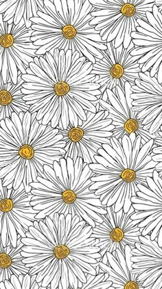 a white and yellow flower pattern with lots of daisies in the center, on a white background