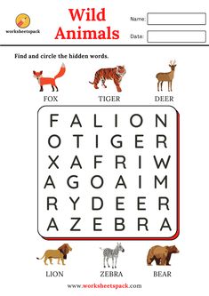 an animal word search is shown with animals