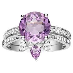 Stunning, timeless and classy eternity Engagement ring. Decorate yourself in luxury with this Gin & Grace ring. This ring is made up of 9MM Round-Cut Prong Setting Genuine Pink Amethyst (1pcs) 0.15 Carat, 3X4 Pear-Cut Prong Setting Genuine Light Pink Amethyst (1pcs) 2.47 Carat and Round-Cut Prong Setting Natural Diamond (18 pcs) 0.25 Carat accent stones for a lovely design. This ring is weight 3.62 grams. The ring is crafted of shining 14-karat White Gold and is completed by a highly polished fi Eternity Engagement Ring, 14k White Gold Diamond Ring, Amethyst And Diamond Ring, Light Amethyst, White Gold Diamond Rings, Amethyst Jewelry, Pink Amethyst, Amethyst Pendant, Amethyst Earrings