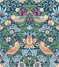 a blue and green wallpaper with two birds on the left side, surrounded by flowers