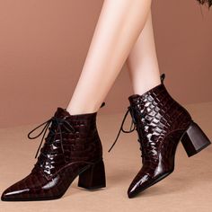 As low as $74.00 Formal Low Heel Lace-up Boots For Fall, Brown Pointed Toe Lace-up Boots For Formal Occasions, Elegant Leather Heeled Boots With Crocodile Pattern, Brown Leather Heels With Crocodile Pattern, Elegant Crocodile Pattern Heeled Boots With Pointed Toe, Elegant Heeled Boots With Crocodile Pattern And Pointed Toe, Elegant Pointed Toe Heeled Boots With Crocodile Pattern, Formal Closed Toe Lace-up Winter Boots, Elegant Brown Lace-up Boots With Pointed Toe