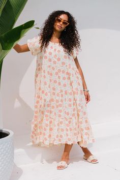 Harvey Dress in Cream Floral - FINAL SALE – Ivy City Co Maxi Tiered Skirt, Cream Floral Dress, Ivy City Co, Cotton Maxi Dress, Orange And Green, Cotton Maxi, Maxi Dress Cotton, Oversized Style, Green Print