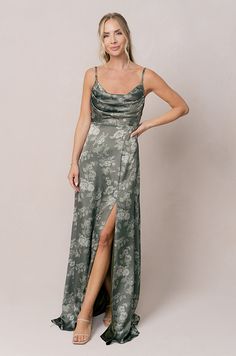 Model: Britt; Size: 4; Color: Olive Bouquet Floral Green Bridesmaid Dresses, Floral Bridesmaid Dresses Long, Green Floral Bridesmaid Dresses, Olive Bouquet, Bridesmaid Dresses Floral, Pastel Gown, Popular Bridesmaid Dresses, Floral Satin Dress, Dark Green Bridesmaid Dress