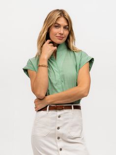 GREEN SOLID Our warm-weather must-have Cap Sleeve tunic-style shirt in a vibrant green cotton voile. Spring Tops With Rolled Sleeves, Spring Shirt With Rolled Sleeves, Spring Rolled Sleeve Short Tops, Short Sleeve Tops With Rolled Sleeves For Spring, Light Green Short Sleeve Cotton Top, Light Green Cotton Short Sleeve Top, Casual Kelly Green Tops, Casual Green Top With Relaxed Fit, Casual Green Relaxed Fit Top