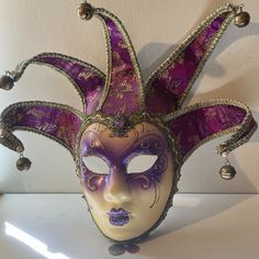 Vintage Venetian Jester Face Mask, Jolly Mask, Joker, Made In Italy, Hand Painted, Venezia, Quality, Purple, Gold Accents, Wall Decor, Hanging Decor, Use It Mardi Gras, Quality, Home Decor. Vintage Clown Masks, Venetian Jester Mask, Jester Fashion, Venetian Jester, Venetian Masks Art, Medieval Jester, Harlequin Mask, Jester Outfit, Jester Mask