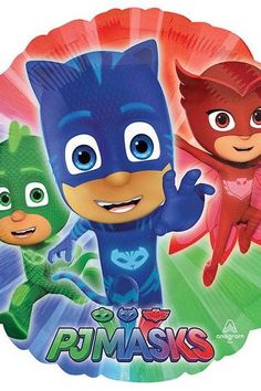 the pj masks character foil balloon is shown in front of an orange and green background