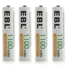 four batteries are lined up next to each other on a white surface with the words eblt written in green