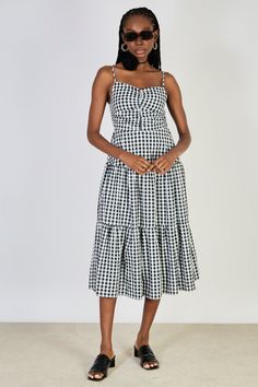 - Measurements: 1. Chest: 32cm, 2. Waist: 29cm, 3. Length: 115cm- Materials: 100% cotton- Thickness: Moderate- Sheerness: None- Stretch: Low- Lining: Full- Care: Gentle wash cold and dry in shade Facebook Black, Black Gingham, London Free, Ruched Bodice, Buy Now Pay Later, Tiered Dress, British Indian, Summer Essentials, Summer Sale