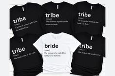 four t - shirts with different types of words on them, all in black and white