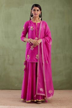 Shop for these amazing collections of Pink Cotton Silk; Dupatta: Chanderi Embroidery Notched Gharara Set For Women by Abbaran online at Aza Fashions. A Line Kurta, Dupion Silk, Sharara Set, Embroidered Neckline, Kurta With Pants, Purple Silk, Silk Dupatta, Silk Embroidery, Silk Organza