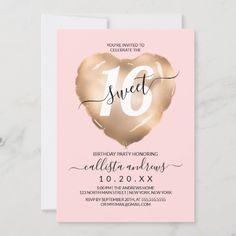 a pink and gold birthday party card with the number ten on it's front