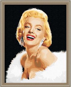 marilyn monroe cross stitch pattern in gold frame with white fur and red lipstick on black background